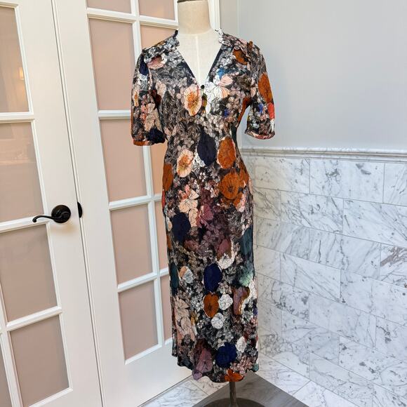 Raquel Allegra Bella Dress Flower Medley Feminine V-Neck Silk Jacquard Small 2/4 - Picture 2 of 11